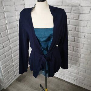 NWT Apt. 9 Ladies Size 1X Navy w/ Teal Front Layered Insert Belted Cardigan